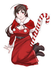 Rule 34 | 1girl, ahoge, belt, boots, breasts, brown belt, brown footwear, brown hair, candy, candy cane, capelet, dress, food, fur-trimmed capelet, fur-trimmed dress, fur trim, hair ornament, hairclip, highres, holding, holding candy, holding candy cane, holding food, kantai collection, large breasts, long hair, long sleeves, looking at viewer, mamiya (kancolle), ojipon, on ground, red eyes, simple background, sitting, solo, white background, yokozuwari
