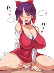 Rule 34 | 1boy, 1girl, alternate breast size, arm support, bare shoulders, blush, breasts, breath, choker, cleavage, collarbone, commentary request, covered erect nipples, dress, gegege no kitarou, gem, hair ribbon, half-closed eyes, hand on another&#039;s stomach, heart, heavy breathing, implied sex, impossible clothes, impossible dress, konno tohiro, large breasts, long sleeves, looking down, motion lines, nekomusume, nekomusume (gegege no kitarou 6), no pants, nose blush, off-shoulder shirt, off shoulder, open mouth, out of frame, panties, purple hair, red choker, red dress, red ribbon, ribbon, saliva, shiny skin, shirt, short dress, short hair, simple background, sleeveless, sleeveless dress, slit pupils, solo focus, straddling, sweat, tongue, tongue out, tsurime, underwear, v-shaped eyebrows, v-shaped eyes, white background, white panties, white shirt, yellow eyes