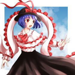 Rule 34 | 1girl, black hat, black skirt, blue hair, bow, capelet, commentary request, dated commentary, frilled capelet, frilled shawl, frilled shirt, frills, hat, hat bow, kyabekko, long sleeves, nagae iku, open mouth, red bow, red eyes, shawl, shirt, short hair, skirt, solo, teeth, touhou, upper teeth only, white shirt