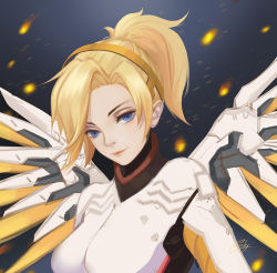 Rule 34 | 1girl, artist name, blonde hair, blue eyes, bodysuit, breasts, cicely, closed mouth, emblem, halo, headwear request, high collar, large breasts, looking at viewer, mechanical halo, mechanical wings, mercy (overwatch), overwatch, overwatch 1, parted bangs, pink lips, ponytail, signature, solo, spread wings, turtleneck, upper body, wings, yellow wings