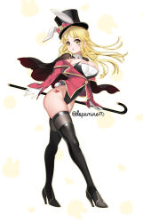 Rule 34 | 1girl, :o, absurdres, animal ears, arrow through heart, bang dream!, black capelet, black footwear, black hat, black leotard, black thighhighs, blonde hair, blunt ends, boots, bow, breasts, buttons, cane, capelet, cleavage, commentary, detached collar, dopamine70, facial mark, fake animal ears, fake tail, floating hair, full body, gloves, groin, hat, hat bow, hat with ears, heart, heart tattoo, high heel boots, high heels, highleg, highleg leotard, highres, holding, holding cane, jacket, large breasts, leg tattoo, legs, leotard, long hair, long sleeves, looking at viewer, magician, off shoulder, outline, parted lips, playboy bunny, rabbit background, rabbit ears, rabbit tail, red bow, red jacket, see-through, sidelocks, sleeves past wrists, smiley face, solo, standing, star (symbol), star facial mark, strapless, strapless leotard, tail, tattoo, thigh boots, thighhighs, thighhighs under boots, tilted headwear, top hat, tsurumaki kokoro, twitter username, white background, white gloves, wide sleeves, yellow eyes, yellow outline