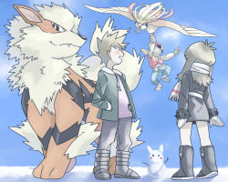 Rule 34 | 1girl, 2boys, arcanine, black coat, black footwear, blouse, blue oak, blush, boots, clenched teeth, coat, commentary request, creatures (company), donnpati, fur-trimmed coat, fur trim, game freak, gen 1 pokemon, green (pokemon), green jacket, hand in pocket, hanging, jacket, jewelry, multiple boys, necklace, nintendo, open clothes, open jacket, pants, pants tucked in, pidgeot, pokemon, pokemon (creature), pokemon rgby, purple shirt, red (pokemon), scarf, shirt, snow sculpture, spiked hair, standing, teeth, v, yellow scarf