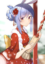 Rule 34 | 1girl, alternate hairstyle, animal ears, blue hair, blurry, blurry background, blush, braid, breasts, closed mouth, commentary request, dated, depth of field, don-chan (usada pekora), hair between eyes, hatsumoude, highres, hirota fruit, hololive, japanese clothes, kimono, looking at viewer, multicolored hair, new year, obi, rabbit ears, red eyes, red kimono, sash, short eyebrows, sidelocks, signature, small breasts, smile, solo, thick eyebrows, twitter username, two-tone hair, usada pekora, usada pekora (new year), virtual youtuber, white hair