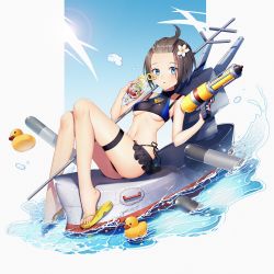 Rule 34 | 1girl, ahoge, bikini, black bikini, blue eyes, blue sky, blush, breasts, brown hair, copyright request, cup, day, drink, drinking straw, flower, hair flower, hair ornament, highres, holding, holding cup, iiiroha, looking at viewer, navel, outdoors, rubber duck, sandals, ship, sitting, sky, small breasts, soaking feet, super soaker, swimsuit, thigh strap, torpedo, turret, underboob, watercraft, yellow footwear
