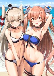 Rule 34 | 2girls, amatsukaze (kancolle), beach, bikini, black choker, blue bikini, blue sky, blush, breast envy, breasts, brown eyes, choker, closed mouth, cloud, cloudy sky, cowboy shot, day, embarrassed, grey hair, hair between eyes, hair tubes, highres, ichikawa feesu, johnston (kancolle), kantai collection, light brown hair, long hair, looking at viewer, medium breasts, multiple girls, navel, ocean, official alternate costume, open mouth, outdoors, sky, small breasts, smile, smokestack hair ornament, swimsuit, two side up, water, white bikini
