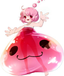 Rule 34 | 1girl, :3, blush, commentary request, dress, full body, korean commentary, looking at viewer, matsuki ringo, mixed-language commentary, official art, open mouth, personification, pink dress, pink hair, poring, ragnarok online, red eyes, see-through, see-through dress, short hair, simple background, slime (creature), smile, solo, strapless, white background