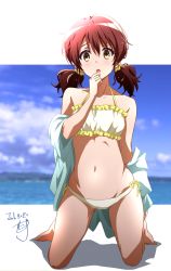 Rule 34 | 1girl, bare shoulders, beach, bikini, blouse, blue shirt, blurry, blurry background, blush, breasts, brown eyes, brown hair, clothes pull, dated, day, depth of field, embarrassed, frilled bikini, frills, full body, hair between eyes, hair ornament, halterneck, hand to own mouth, hibike! euphonium, highres, kneeling, legs apart, letterboxed, looking at viewer, lowleg, lowleg bikini, medium breasts, mountainous horizon, nii manabu, open clothes, open mouth, open shirt, oumae kumiko, outside border, parted bangs, photo background, shirt, shirt pull, short hair, side-tie bikini bottom, solo, swimsuit, thighs, twintails, white bikini, wide hips