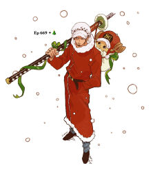 Rule 34 | 2boys, antlers, belt, black hair, commentary request, earrings, facial hair, from above, goatee, hands in pockets, hat, highres, holding, holding sword, holding weapon, horns, in container, in sack, jewelry, lngees, looking to the side, male focus, multiple boys, one piece, pants, reindeer antlers, sack, sideburns, simple background, snow, sword, tony tony chopper, trafalgar law, weapon