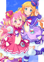 2girls blonde_hair blue_eyes blush boots bow bowtie braid brooch capelet closed_mouth commentary crown cure_friendy cure_wonderful dress earrings fang hairband hat heart heart_brooch highres inukai_iroha inukai_komugi jewelry kazuma_muramasa long_hair low_twin_braids magical_girl mini_crown multicolored_hair multiple_girls open_mouth peaked_cap pink_bow pink_bowtie pink_dress pink_eyes pink_footwear pink_hair precure puffy_short_sleeves puffy_sleeves purple_bow purple_bowtie purple_capelet purple_dress purple_footwear purple_hairband purple_hat shoes short_sleeves sleeveless sleeveless_dress smile striped_clothes striped_thighhighs thighhighs twin_braids two-tone_hair two_side_up white_sleeves white_thighhighs wonderful_precure! wrist_cuffs