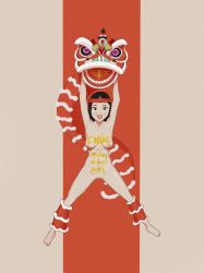 Rule 34 | absurdres, armpits, arms up, black hair, body writing, bodypaint, breasts, headband, highres, lion dance, red ribbon, ribbon, spread legs