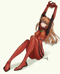 Rule 34 | 1girl, arano nknk, arm up, arms up, ass, blue eyes, bodysuit, breasts, brown hair, cleavage, commentary request, curvy, foreshortening, full body, highres, huge ass, interface headset, legs together, long hair, medium breasts, neon genesis evangelion, one eye closed, pilot suit, plugsuit, red bodysuit, shiny clothes, simple background, solo, souryuu asuka langley, stretching, two side up, white background, wide hips