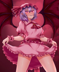 Rule 34 | 1girl, aged up, ascot, bat wings, blouse, bow, breasts, brooch, clothes lift, collar, collared shirt, commentary, cowboy shot, evil grin, evil smile, fingernails, frilled collar, frilled skirt, frilled sleeves, frills, from below, glowing, glowing eyes, grin, hat, hat bow, heart, heart background, highres, holding, holding clothes, holding skirt, jewelry, large breasts, lifted by self, lips, long fingernails, looking at viewer, mob cap, nail polish, pink hat, pink shirt, pink skirt, pointy ears, puffy short sleeves, puffy sleeves, purple hair, red ascot, red background, red bow, red eyes, red nails, red sash, remilia scarlet, sash, shirt, short hair, short sleeves, skirt, skirt lift, slit pupils, smile, solo, standing, thighs, touhou, tsurime, wings, zellam