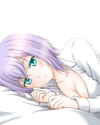 Rule 34 | 10s, 1girl, bed, blue eyes, blush, breasts, cardfight!! vanguard, cleavage, collarbone, light purple hair, looking at viewer, lying, on side, open clothes, short hair, simple background, smile, solo, tokura misaki, white background, wolkenritter vita1