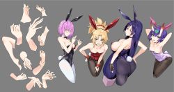 Rule 34 | 4girls, alternate costume, animal ears, areola slip, armpits, arms behind head, arms up, ass, back, bare shoulders, blonde hair, blush, bow, bowtie, braid, breasts, cleavage, closed mouth, collarbone, detached collar, earrings, eyeliner, fang, fate/apocrypha, fate/grand order, fate (series), feet, forehead jewel, french braid, glasses, green eyes, grey background, hair between eyes, hair ornament, hair over one eye, hair scrunchie, headpiece, heart, highleg, highleg leotard, highres, horns, jewelry, kakumayu, large breasts, leaning forward, leotard, light purple hair, long hair, looking at viewer, looking back, low-tied long hair, makeup, mash kyrielight, medium breasts, minamoto no raikou (fate), mordred (fate), mordred (fate/apocrypha), multiple girls, oni, open mouth, pantyhose, parted bangs, playboy bunny, pointy ears, ponytail, purple eyes, purple hair, rabbit ears, rabbit tail, scrunchie, short hair, shuten douji (fate), shuten douji (fate/grand order), shuten douji (halloween caster) (fate), sidelocks, simple background, sketch, skin-covered horns, skin fang, small breasts, smile, tail, thighs, very long hair, wrist cuffs