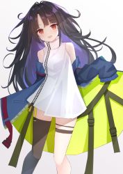 Rule 34 | 1girl, :d, bare shoulders, black hair, black thighhighs, blue jacket, blush, breasts, brown eyes, c-ms (girls&#039; frontline), commentary request, dress, ecleil, feet out of frame, girls&#039; frontline, gradient background, grey background, head tilt, highres, jacket, long hair, looking at viewer, multicolored hair, off shoulder, open clothes, open jacket, open mouth, parted bangs, purple hair, single thighhigh, sleeveless, sleeveless dress, small breasts, smile, solo, standing, thighhighs, two-tone hair, very long hair, white background, white dress