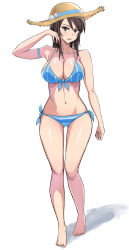 Rule 34 | 10s, 1girl, armband, barefoot, bikini, blue bikini, breasts, brown eyes, brown hair, brown hat, cleavage, front-tie bikini top, front-tie top, full body, girls und panzer, hat, highres, long hair, looking at viewer, mika (girls und panzer), mismatched bikini, mordeth, navel, shadow, side-tie bikini bottom, simple background, solo, standing, striped bikini, striped clothes, sun hat, swimsuit, vertical-striped bikini, vertical-striped clothes, white background