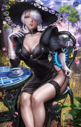 Rule 34 | 1girl, absurdres, black dress, black hat, breasts, chair, choker, cleavage, cogita (pokemon), collarbone, creatures (company), dress, earrings, flower, game freak, garter straps, gloves, green eyes, hair over one eye, hat, highres, jewelry, large breasts, logan cure, long hair, looking at viewer, makeup, medium hair, necklace, nintendo, pokemon, pokemon legends: arceus, realistic, short hair, side slit, solo, sun hat, table, tea, thighhighs, white gloves, white hair
