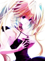 Rule 34 | 1girl, armpits, bare shoulders, blonde hair, blue eyes, collarbone, criss-cross halter, halterneck, hands on own chest, hoshina utau, looking at viewer, nail polish, nire, nire (scissors), purple nails, shugo chara!, simple background, solo, twintails, upper body, white background