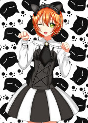 Rule 34 | 1girl, ;), absurdres, animal ears, animal print, artist name, artist request, black necktie, black skirt, breasts, cat ears, cat print, cross-laced clothes, cross-laced dress, dress, female focus, green eyes, hair between eyes, highres, hoshizora rin, layered skirt, lolita fashion, long sleeves, looking at viewer, love live!, love live! school idol project, miniskirt, necktie, one eye closed, orange hair, parted lips, paw pose, paw print, plaid, plaid dress, plaid skirt, pleated, pleated dress, pleated skirt, sho (higashi), sho (shou ma7), short hair, shou ma7, skirt, small breasts, smile, solo, white background, white dress, white skirt, wink, yellow eyes