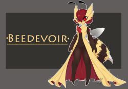 Rule 34 | 1girl, antennae, arms at sides, arthropod girl, artist name, bee girl, beedrill, black background, black fur, blush, bob cut, body fur, border, character name, closed mouth, collarbone, creatures (company), english text, female focus, full body, furry, furry female, fusion, game freak, gardevoir, gen 1 pokemon, gen 3 pokemon, grey border, groin, hair between eyes, happy, highres, insect girl, insect wings, light blush, matching hair/eyes, navel, nintendo, no pussy, outline, outside border, pokemon, pokemon (creature), red eyes, red hair, short hair, simple background, smile, solo, split mouth, standing, stinger, stomach, teranen, two-tone fur, watermark, white outline, wings, yellow fur