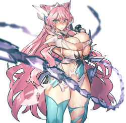 Rule 34 | 1girl, aqua eyes, aqua thighhighs, blush, breasts, butterfly hair ornament, covering privates, covering breasts, elbow gloves, gloves, hair ornament, headgear, huge breasts, leotard, long hair, looking at viewer, maria cadenzavna eve, melon22, parted lips, pink hair, senki zesshou symphogear, shiny skin, simple background, solo, standing, thighhighs, torn clothes, torn leotard, weapon, whip sword, white background, white leotard