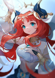 Rule 34 | 1girl, aqua eyes, arm up, blurry, breasts, circlet, closed mouth, commentary request, crop top, depth of field, detached sleeves, facing viewer, fake horns, gem, genshin impact, gold trim, green gemstone, hand on own chest, hand up, harem outfit, highres, horns, jewelry, long hair, looking ahead, medium breasts, midriff, navel, nilou (genshin impact), puffy sleeves, red hair, shirt, sidelocks, sleeveless, sleeveless shirt, solo, stomach, twintails, upper body, veil, white headwear, woodylixx