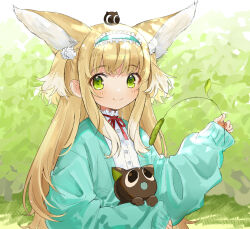 Rule 34 | 1girl, alternate color, animal, animal ear fluff, animal ears, arknights, black cat, blonde hair, blue cardigan, blue hairband, blush, cardigan, cat, cattail, closed mouth, commentary, creature on head, crossover, english commentary, fox ears, fox girl, frilled hairband, frills, green eyes, hair ornament, hair scrunchie, hairband, heixiu, highres, holding, holding animal, holding cat, holding plant, long sleeves, looking at viewer, luo xiaohei, luo xiaohei zhanji, neck ribbon, official alternate costume, open cardigan, open clothes, pencilanon, plant, puffy long sleeves, puffy sleeves, red ribbon, ribbon, scrunchie, shirt, sleeves past wrists, smile, solo, suzuran (arknights), suzuran (spring praise) (arknights), white shirt