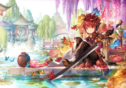 Rule 34 | 1boy, architecture, bug, butterfly, colorful, day, east asian architecture, elsword, elsword (character), flower, food, fruit, hair ornament, insect, lily pad, male focus, outdoors, plate, pomegranate, pond, red eyes, red hair, scorpion5050, sitting, smile, solo, sword, tree, weapon