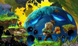Rule 34 | 1boy, bastion, from behind, full body, grass, hammer, jen zee, long image, monster, mushroom, outdoors, squirt (bastion), standing, tagme, the kid (bastion), white hair, wide image