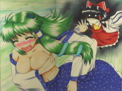 Rule 34 | 2girls, ascot, blush, breast hold, breasts, chasing, cleavage, collarbone, covering privates, covering breasts, detached sleeves, dutch angle, female focus, fleeing, green hair, hair ornament, hair tubes, hakurei reimu, kingindou yumeji, kochiya sanae, large breasts, long hair, motion lines, multiple girls, navel, nose blush, running, topless, touhou, wide sleeves, you gonna get raped
