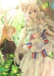 Rule 34 | 1boy, 1girl, :d, bare shoulders, blonde hair, blue eyes, bow, bug, butterfly, closed eyes, dress, fate/grand order, fate (series), flower, gloves, hair bow, hair flower, hair ornament, highres, insect, iroha (shiki), jewelry, leaf, long hair, looking at viewer, marie antoinette (fate), marie antoinette (fgo orchestra) (fate), multicolored bow, necklace, official alternate costume, open mouth, profile, rose, smile, strapless, strapless dress, twintails, white bow, white dress, white flower, white gloves, white hair, white rose, wolfgang amadeus mozart (fate)