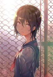Rule 34 | 1girl, black hair, chain-link fence, day, fence, from side, hair between eyes, highres, lens flare, looking at viewer, mogumo, neckerchief, original, outdoors, parted lips, purple eyes, school uniform, serafuku, solo, wet, wet clothes, wet hair