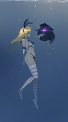 Rule 34 | 1girl, absurdres, abyssal ship, adapted costume, air bubble, anchor hair ornament, bikini, black bikini, black neckerchief, blonde hair, breasts, bubble, elbow gloves, freediving, gloves, hair ornament, hairband, highres, kantai collection, long hair, mismatched bikini, neckerchief, rou (rou22), sailor bikini, sailor collar, shimakaze (kancolle), small breasts, striped clothes, striped thighhighs, swimsuit, thighhighs, underboob, underwater, white bikini, white gloves