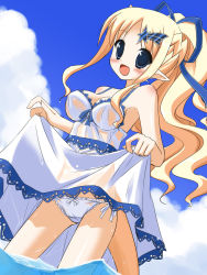 Rule 34 | 1girl, blonde hair, blue eyes, clothes lift, cloud, day, dress, dress lift, hair ornament, hair ribbon, hairclip, highres, long hair, minidraco, open mouth, original, panties, pointy ears, ponytail, ribbon, see-through, side-tie panties, smile, solo, standing, tail, underwear, water, wet, wet clothes