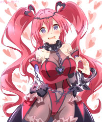 Rule 34 | 1girl, black legwear, blush, breasts, hair ornament, highres, kuka (princess connect!), large breasts, princess connect!, purple eyes, red hair, seryu oekaki, twintails
