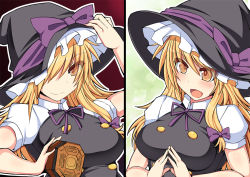 Rule 34 | 1girl, :d, blonde hair, blush, bow, breasts, collared shirt, colored eyelashes, hair bow, hand on headwear, hat, hat bow, hisui (stapspats), kirisame marisa, large breasts, long hair, low-tied long hair, mini-hakkero, one eye covered, open mouth, outline, puffy short sleeves, puffy sleeves, ribbon, shirt, short sleeves, smile, steepled fingers, touhou, tsurime, witch hat, yellow eyes