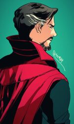 Rule 34 | 1boy, aqua background, artist name, back, black hair, blue eyes, blue shirt, cloak, closed mouth, doctor strange, doctor strange (2016 movie), facial hair, from behind, grey hair, highres, long sleeves, looking at viewer, looking back, male focus, marvel, marvel cinematic universe, multicolored hair, red cloak, shirt, short hair, simple background, solo, standing, toy (toy084), two-tone hair, v-shaped eyebrows