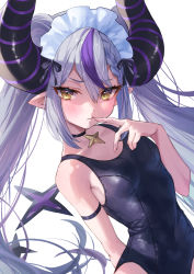 Rule 34 | 1girl, arm behind back, bare shoulders, blue one-piece swimsuit, blush, breasts, demon horns, finger to mouth, hair between eyes, hand up, highres, hololive, horns, la+ darknesss, long hair, looking at viewer, maid headdress, misekiss, multicolored hair, one-piece swimsuit, pointy ears, purple hair, silver hair, simple background, small breasts, solo, streaked hair, swimsuit, virtual youtuber, white background, yellow eyes