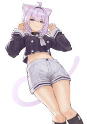 Rule 34 | 1girl, absurdres, ahoge, animal ears, black socks, blush, breasts, buttons, cat ears, cat girl, cat tail, collar, commentary request, cropped shirt, hairband, hands up, highres, hololive, kneehighs, long sleeves, looking at viewer, medium breasts, midriff, natsuzo380, navel, nekomata okayu, nekomata okayu (casual), official alternate costume, onigiri print, purple eyes, purple hair, short hair, shorts, smug, socks, solo, tail, virtual youtuber, white background, white shorts