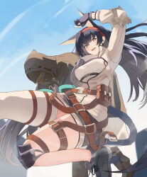 Rule 34 | 1girl, 1other, absurdres, animal ears, arknights, arm up, belt, black coat, black footwear, black gloves, black shorts, blaze (arknights), blue hair, blue sky, breasts, brown belt, carrying, carrying person, cat ears, cat tail, coat, commentary request, doctor (arknights), fingerless gloves, food, gloves, green eyes, highres, hood, hood up, hooded coat, infection monitor (arknights), jacket, jumping, knee pads, looking at viewer, mask, medium breasts, multiple belts, nervous, open mouth, partially fingerless gloves, pocky, shirt, shorts, single thighhigh, sky, smile, suzubotan, tail, thighhighs, white jacket, white shirt, white thighhighs
