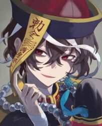 Rule 34 | 1boy, bandaged arm, bandaged neck, bandages, black hair, bungou stray dogs, chinese clothes, dazai osamu (bungou stray dogs), grey background, hand up, hat, highres, jiangshi, jiangshi costume, male focus, ofuda, open mouth, qingdai guanmao, red eyes, red hat, rinu, short hair, simple background, sleeves past fingers, sleeves past wrists, smile, solo, talisman, tassel, upper body