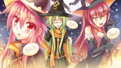 Rule 34 | &gt;:d, 3girls, :d, animal ears, bad id, bad pixiv id, black gloves, breasts, brown eyes, cat ears, cleavage, ears through headwear, elbow gloves, fang, glasses, gloves, green hair, halloween, hat, long hair, looking at viewer, luzi, multiple girls, open mouth, original, parted lips, red eyes, red hair, rimless eyewear, scarf, small breasts, smile, trick or treat, v-shaped eyebrows, witch hat