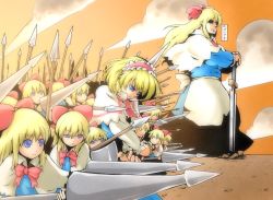 Rule 34 | 1girl, alice margatroid, apron, army, blonde hair, blue dress, blue eyes, bow, capelet, cloud, don9899, dress, female focus, goliath doll, hair bow, hairband, headband, jewelry, lance, lolita hairband, long sleeves, manly, orange sky, planted sword, planted, polearm, ribbon, ring, shanghai doll, shield, short hair, sky, solo, spear, sword, touhou, weapon