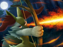 Rule 34 | aiming, animal ears, arms up, artist request, bow (weapon), braixen, creatures (company), drawing bow, fire, fox ears, fox tail, furry, game freak, gen 6 pokemon, grass, holding, holding bow (weapon), holding weapon, moon, night, night sky, nintendo, outdoors, pokemon, pokemon (creature), pokemon xy, red eyes, sky, solo, standing, tail, tree, weapon
