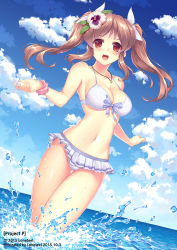 Rule 34 | 1girl, :d, bare arms, bikini, bikini skirt, blush, breasts, brown hair, cleavage, cloud, day, dutch angle, flower, hair flower, hair ornament, hair ribbon, horizon, jewelry, loneteel, long hair, looking at viewer, medium breasts, navel, necklace, ocean, open mouth, outdoors, ribbon, sky, smile, solo, splashing, swimsuit, twintails, wading, water, wet, white bikini