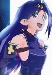 Rule 34 | 1girl, armor, blue hair, breasts, brown eyes, chreest, chromatic aberration, highres, looking at viewer, open mouth, pointy ears, purple armor, sideboob, small breasts, solo, sword art online, yuuki (sao)