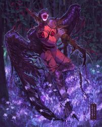 Rule 34 | 1boy, armor, artist name, black wings, bleeding, blood, blood on clothes, claws, fangs, fantasy, flower, forest, glowing, greaves, helmet, highres, holding own arm, injury, leevolt, long fingers, male focus, monster, nature, night, open mouth, original, outdoors, pauldrons, purple flower, reflection, sharp teeth, shoulder armor, single pauldron, talons, teeth, torn, torn clothes, transformation, tree, wings