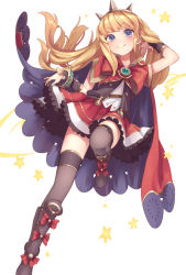 Rule 34 | 1girl, blonde hair, blue eyes, bow, brooch, cagliostro (granblue fantasy), capelet, cloak, dress, frilled dress, frilled skirt, frills, granblue fantasy, hand in own hair, headband, jewelry, long hair, pimgier, red bow, skirt, smile