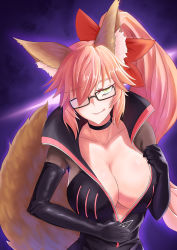 Rule 34 | 1girl, absurdres, animal ear fluff, animal ears, black choker, bow, breasts, choker, cleavage, elbow gloves, fate/grand order, fate (series), fox ears, fox tail, glasses, gloves, hair between eyes, hair bow, hair over one eye, highres, koyanskaya (assassin) (first ascension) (fate), koyanskaya (fate), kukyuu no ue, large breasts, licking lips, long hair, looking at viewer, no bra, one eye closed, ponytail, red bow, solo, tail, tamamo (fate), tamamo no mae (fate/extra), tongue, tongue out, unzipping, yellow eyes