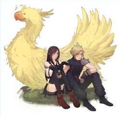 Rule 34 | 1boy, 1girl, armor, bare shoulders, bike shorts under skirt, bird, black footwear, black gloves, black hair, black skirt, black sports bra, black thighhighs, blonde hair, blue eyes, boots, chocobo, closed mouth, cloud strife, commentary, crop top, elbow gloves, english commentary, final fantasy, final fantasy vii, final fantasy vii remake, fingerless gloves, full body, gloves, grass, highres, long hair, pudelmudel, red eyes, red footwear, ribbed sweater, shoulder armor, single bare shoulder, single sidelock, sitting, skirt, sleeping, sleeveless, sleeveless turtleneck, spiked hair, sports bra, suspender skirt, suspenders, sweater, swept bangs, tank top, thighhighs, tifa lockhart, turtleneck, turtleneck sweater, undershirt, white background, white tank top